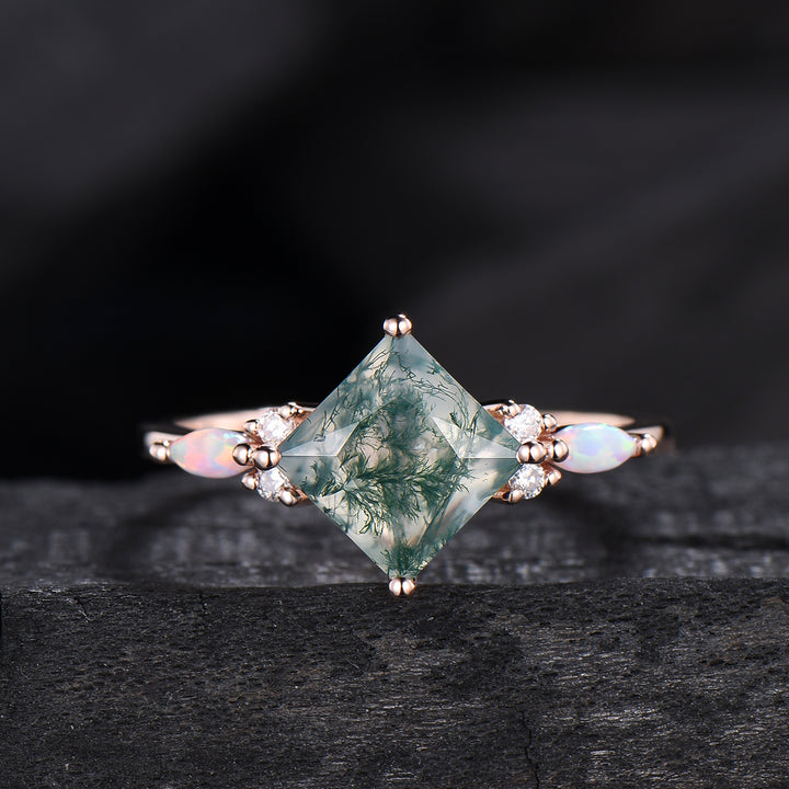 2CT Natural Princess Cut Moss Agate Engagement Ring: Moissanite & Marqusie Opal Accents