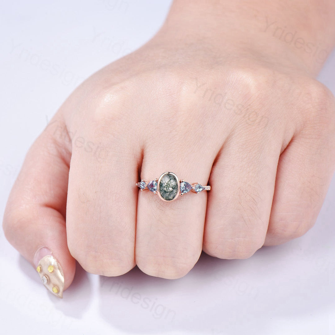 Vintage Bezel Set Oval Moss Agate Engagement Ring | Five Stone Alexandrite Accents - PENFINE