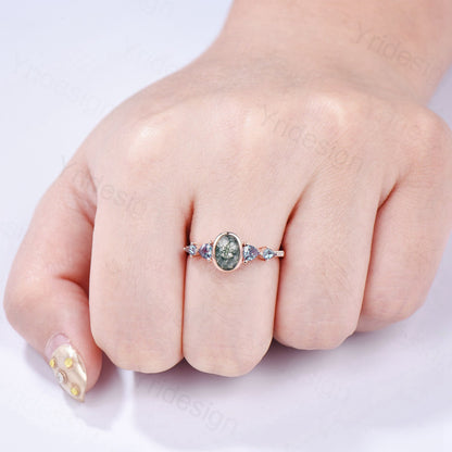 Vintage Bezel Set Oval Moss Agate Engagement Ring | Five Stone Alexandrite Accents - PENFINE