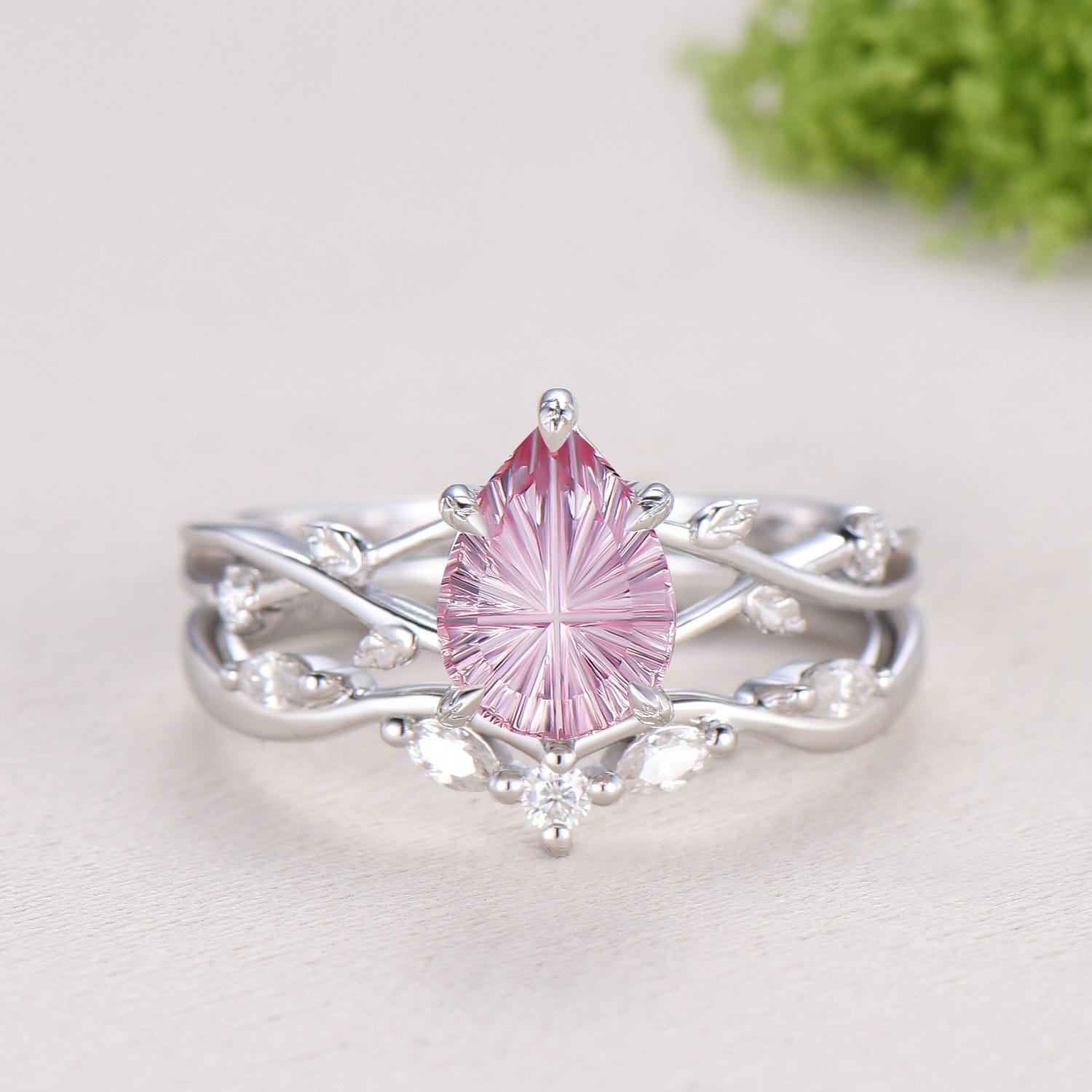 New Starburst Cut Padparadscha Sapphire Engagement Ring Set: Nature Inspired Leaf Twig Bridal Set