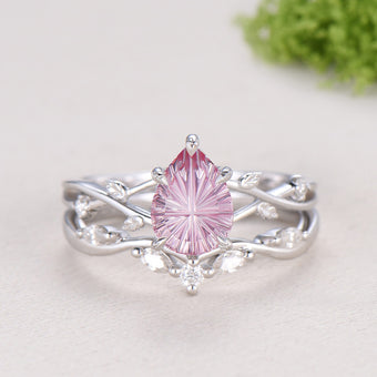 New Starburst Cut Padparadscha Sapphire Engagement Ring Set: Nature Inspired Leaf Twig Bridal Set