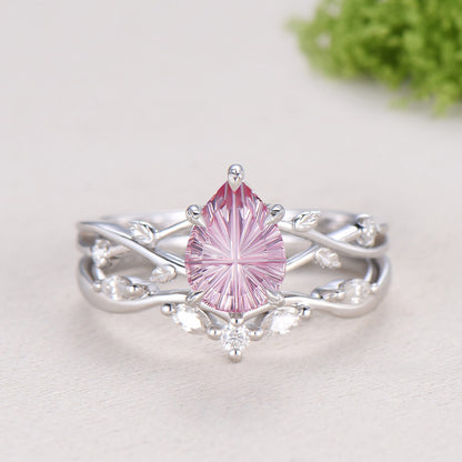 New Starburst Cut Padparadscha Sapphire Engagement Ring Set: Nature Inspired Leaf Twig Bridal Set
