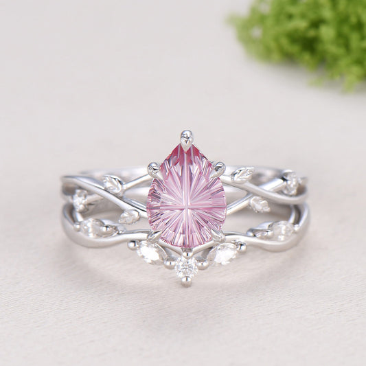 New Starburst Cut Padparadscha Sapphire Engagement Ring Set: Nature Inspired Leaf Twig Bridal Set