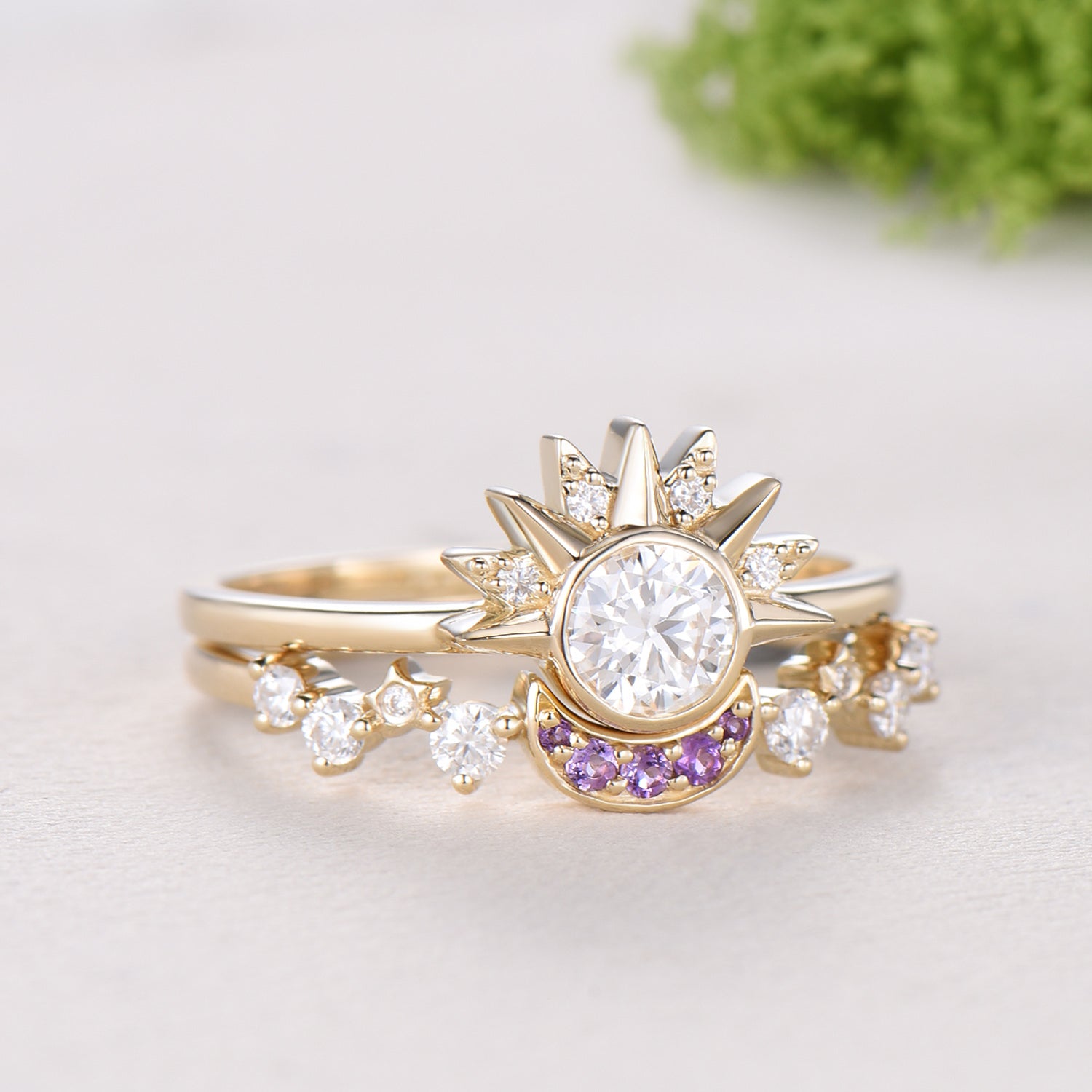 Unique 0.5 Carat Moissanite Ring Crescent Moon Moissanite Engagement Ring Set Sun And Moon Wedding Ring Art Deco Star Bridal Ring Set Women