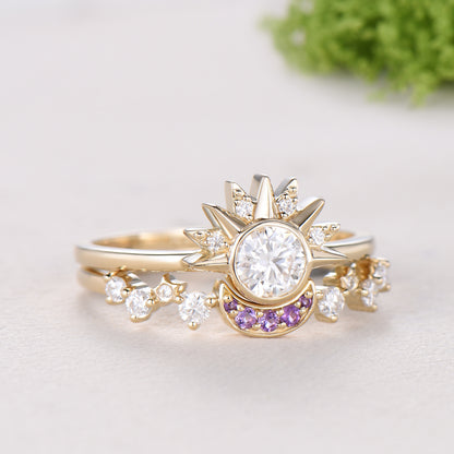 Unique 0.5 Carat Moissanite Ring Crescent Moon Moissanite Engagement Ring Set Sun And Moon Wedding Ring Art Deco Star Bridal Ring Set Women