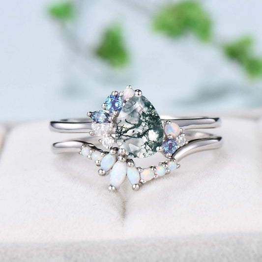 Vintage Pear moss agate ring set white gold silver unique agate engagement ring cluster alexandrite wedding ring set opal stacking band - PENFINE
