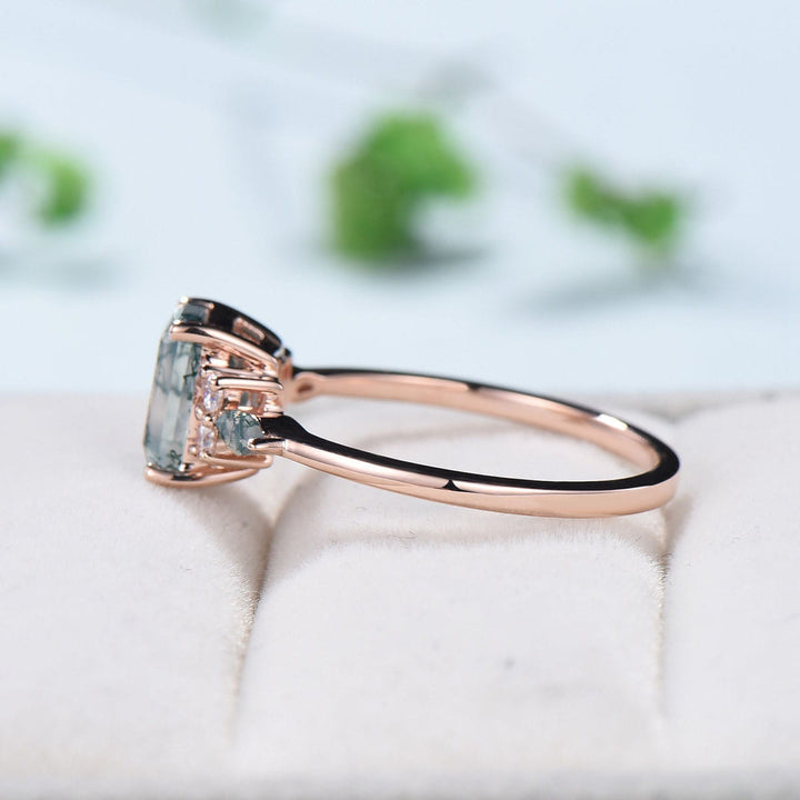 Vintage Emerald Cut Moss Agate Ring Rose Gold Art Deco 7 Stone Cluster Aquatic Agate Engagement Ring Marquise Moss Moissanite Wedding Ring - PENFINE