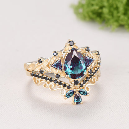 Vintage Pear Alexandrite Engagement Ring Set, 14k Rose Gold, Black Spinel Leaf Vine