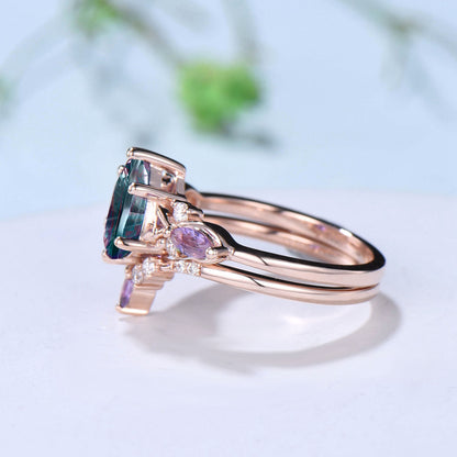 Pear Shaped Fantasy Cut Color-change Alexandrite Wedding Ring Amethyst Diamond Bridal Set