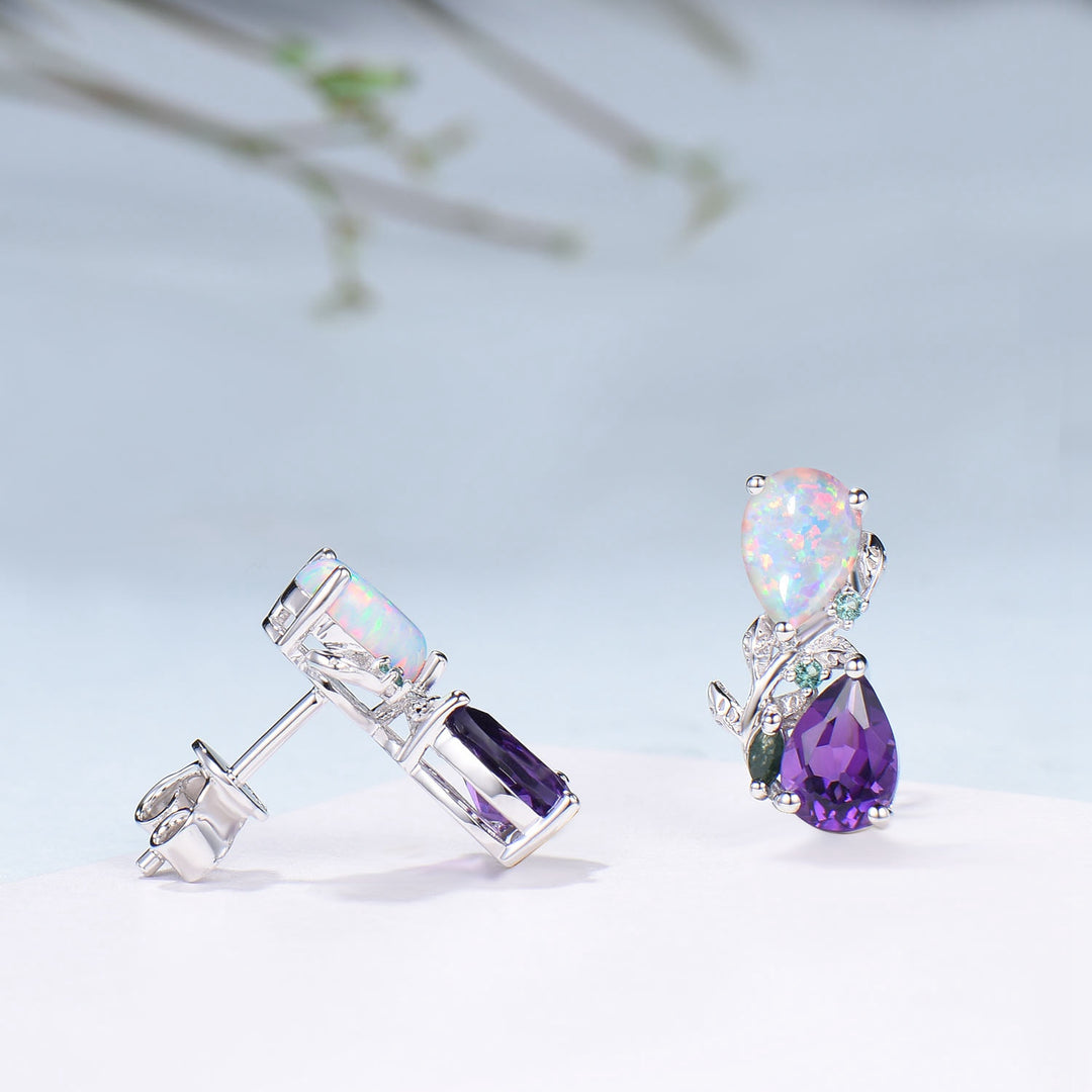 Nature Inspired Opal Amethyst Pendant Necklace Women Unique Alternative Stud Earrings Branch Snake pear shaped leaf wedding set promise gift - PENFINE