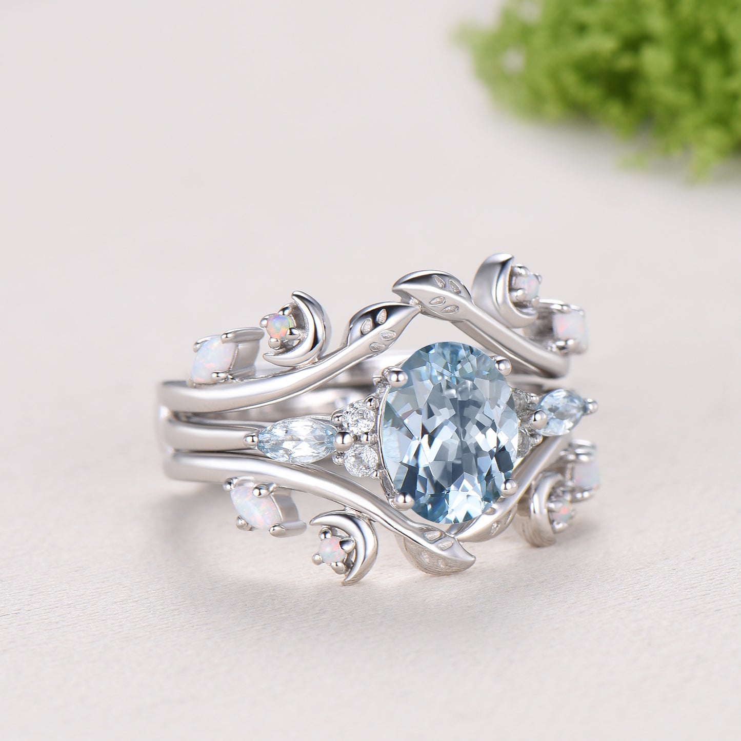 Vintage Oval Aquamarine Engagement Ring Set Leaf Bine Aquamarine Wedding Ring March Birthstone Double Curved Moon Opal Twig Bridal Set women