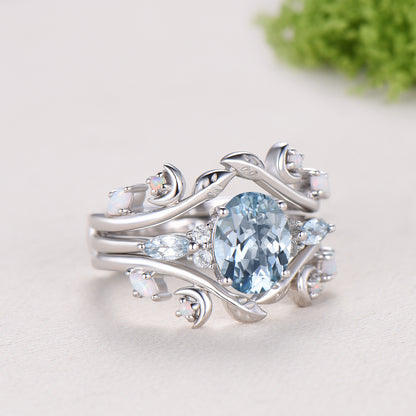 Vintage Oval Aquamarine Engagement Ring Set Leaf Bine Aquamarine Wedding Ring March Birthstone Double Curved Moon Opal Twig Bridal Set women
