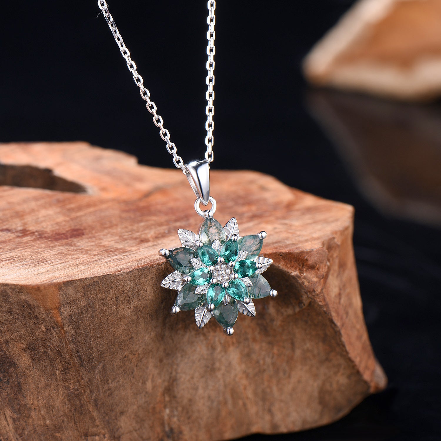 Unique Sunflower Moss Agate Necklace Elegant Natural Inspired Agate Emerald Necklace Double Halo Floral Pendant Leaf Vine Anniversary Gift