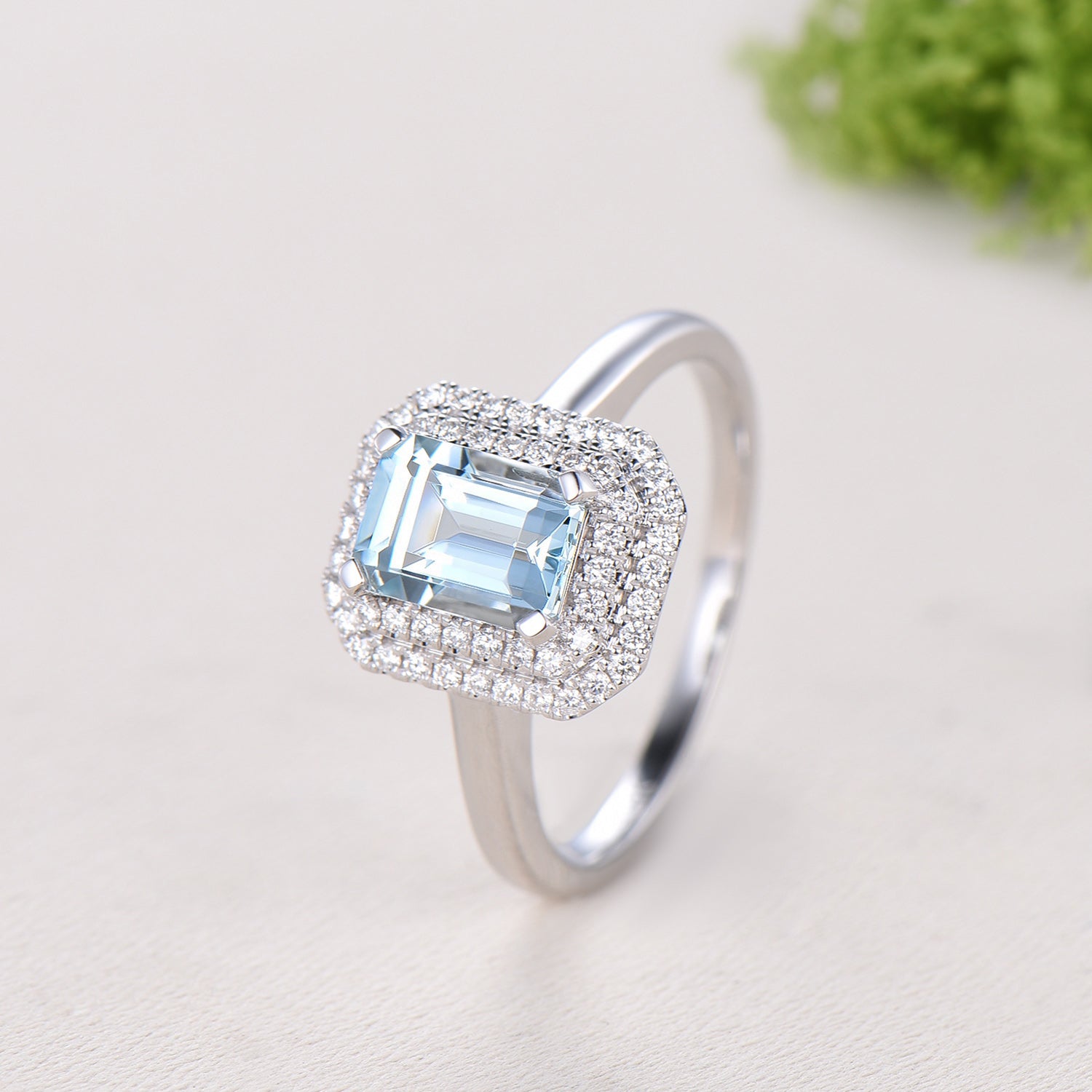 Double Halo Diamond Emerald Cut Aquamarine Bridal Ring Set, Plain Gold Wedding Band