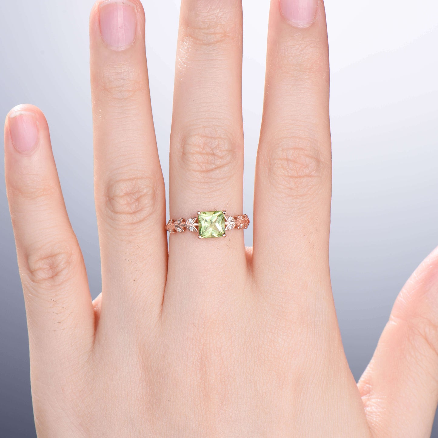 Princess cut peridot engagement ring leaf peridot and diamond wedding ring for women unique vintage style moissanite ring for women jewelry - PENFINE