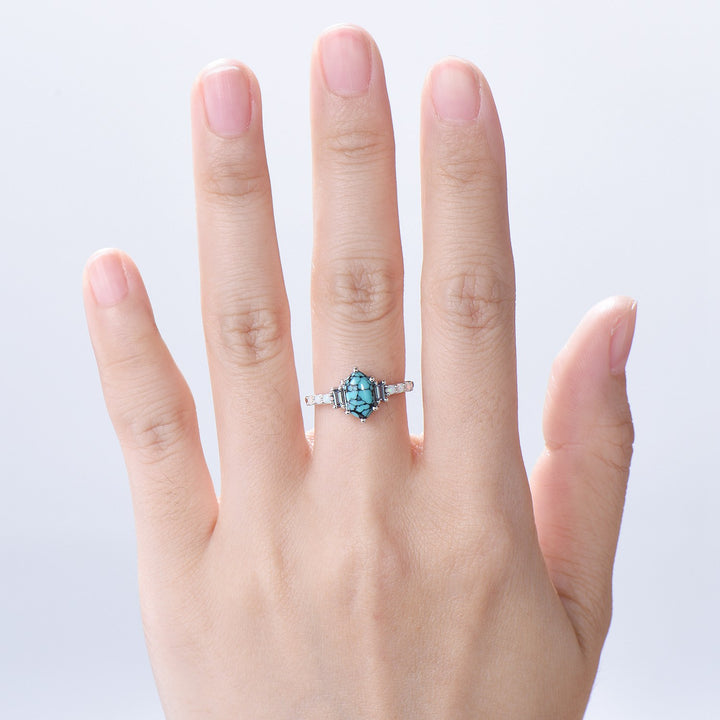 Unique turquoise engagement ring Long hexagon cut turquoise cluster baguette alexandrite opal wedding ring art deco proposal gifts for women - PENFINE