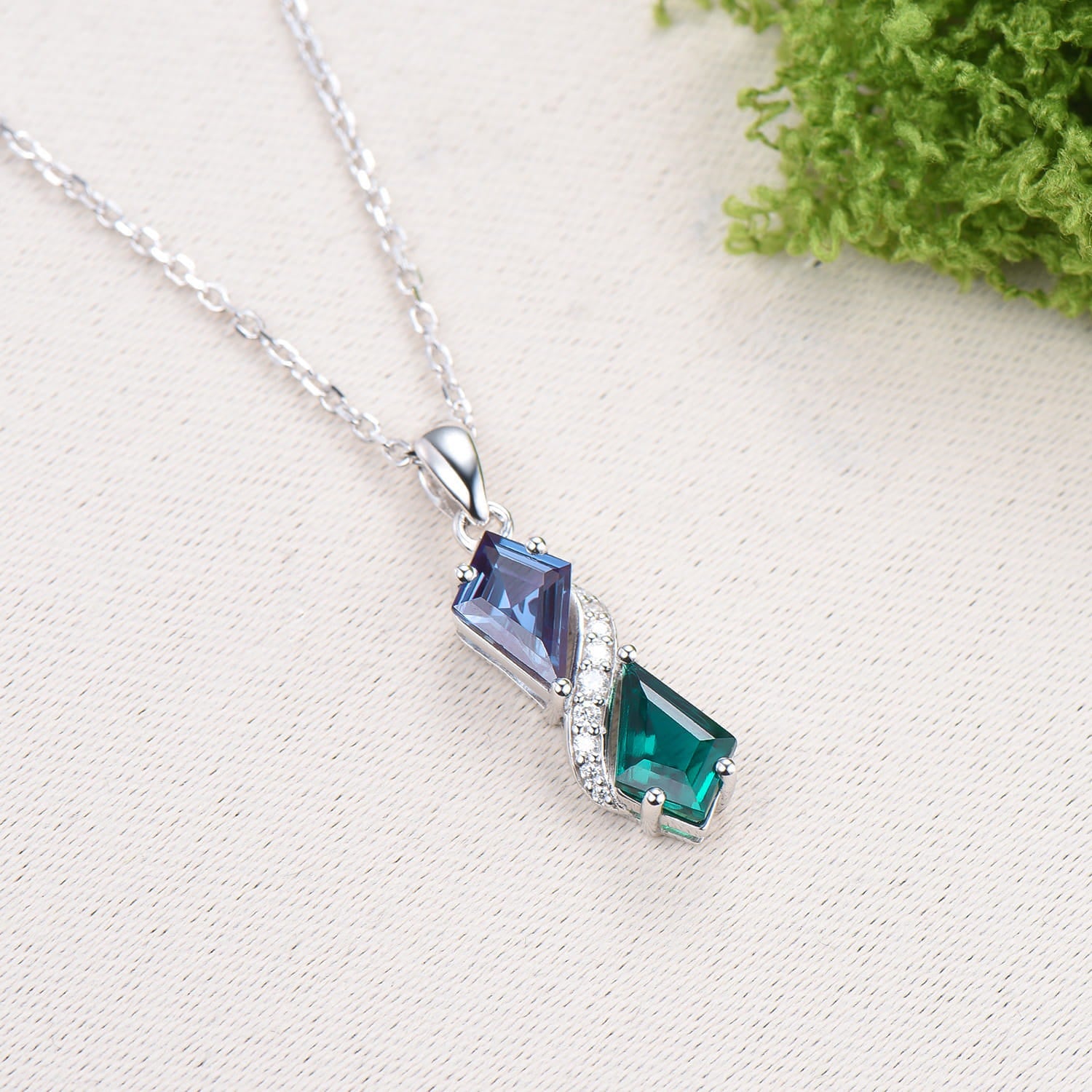 Two-Tone Kite Cut Alexandrite and Emerald Necklace Pendant | White Gold Moissanite Accent Snake Necklace - PENFINE