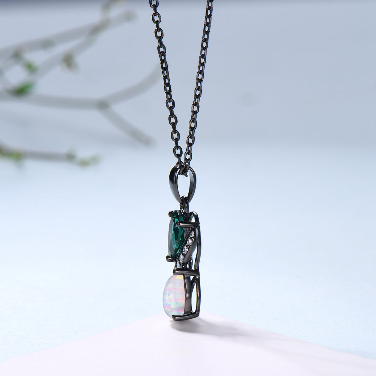 5x7mm Teardrop Emerald & White Opal Infinity Pendant Necklace Black Gold