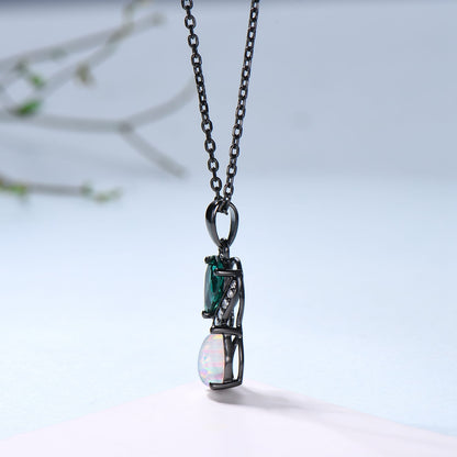 5x7mm Teardrop Emerald & White Opal Infinity Pendant Necklace Black Gold