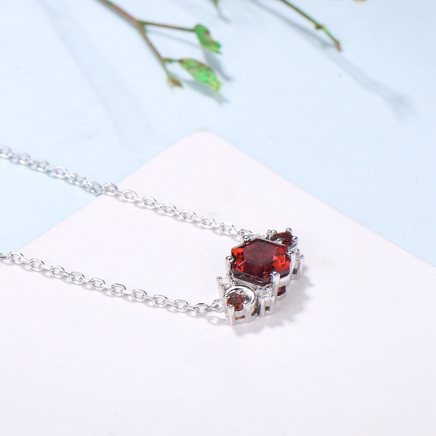 Vintage hexagon garnet pendant necklace cluster moissanite moon pendant necklace 14k/18k rose gold garnet necklace promise gift for women - PENFINE