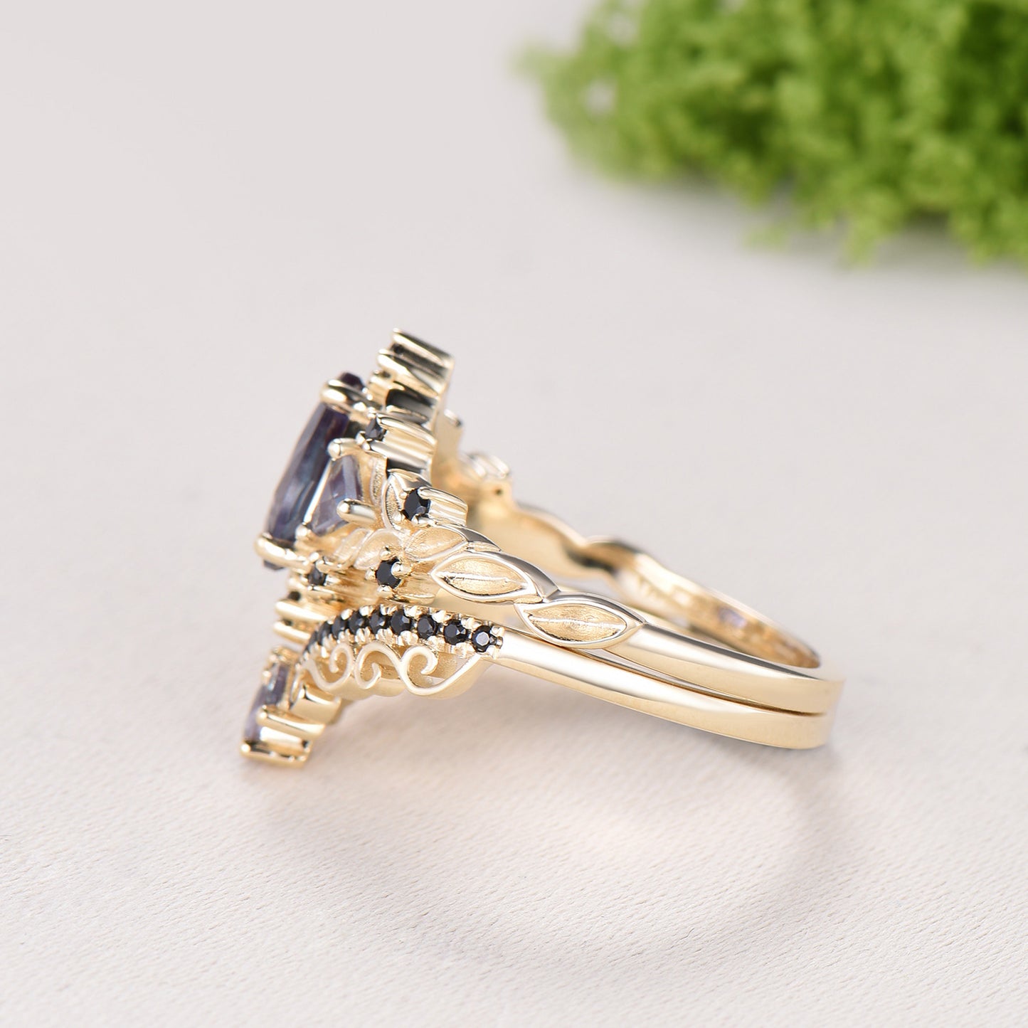 Vintage Pear Alexandrite Engagement Ring Set, 14k Rose Gold, Black Spinel Leaf Vine