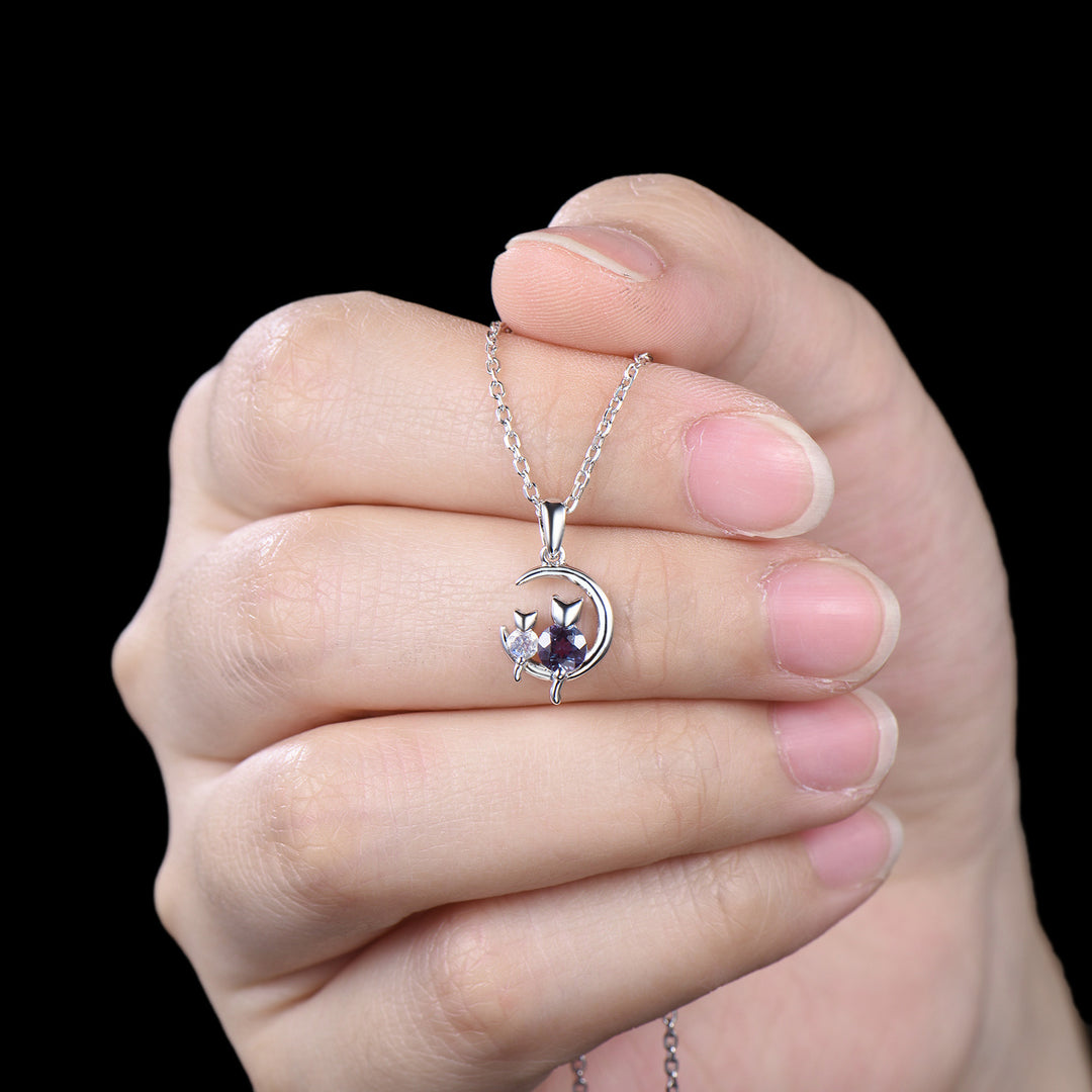 Dainty cat alexandrite moonstone necklace cute silver white gold moon family pendant personalized Two cats lying on the moon rocking chair - PENFINE