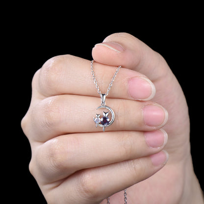 Dainty cat alexandrite moonstone necklace cute silver white gold moon family pendant personalized Two cats lying on the moon rocking chair - PENFINE