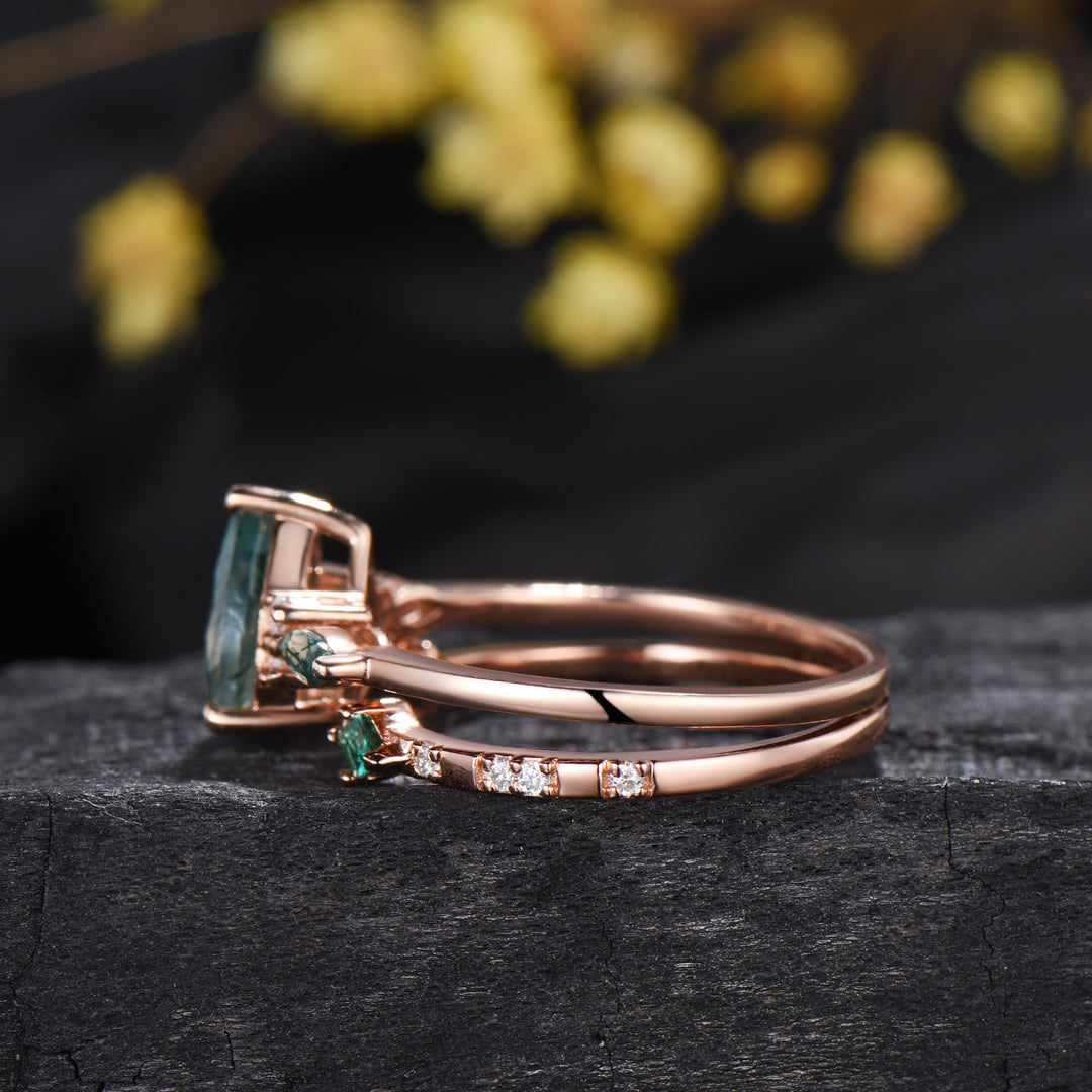 Vintage Pear Shaped Natural Moss Agate Engagement Ring Set 14K Rose Gold Marquise Emerald Opal Wedding Bridal Set Unique Anniversary Gift