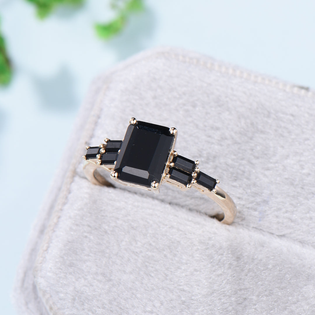 Natural Emerald Cut Black Onyx Engagement Ring Cluster Baguette Rose Gold Black Gemstone Wedding Ring Antique Anniversary Gift For Women - PENFINE