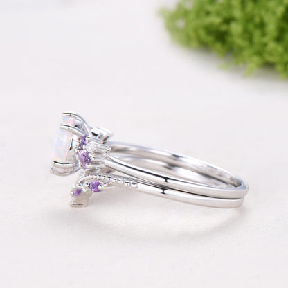 Unique White Opal Engagement Ring Set Alternative Cluster Amethyst Fire Opal Wedding Ring Vintage  Bee Opal Amethyst Bridal Set For Women
