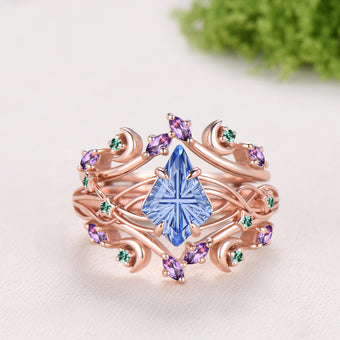 Kite Shaped Fantasy Cut Cornflower Blue Sapphire Twisted Ring Set Amethyst Emerald Enhancer Band