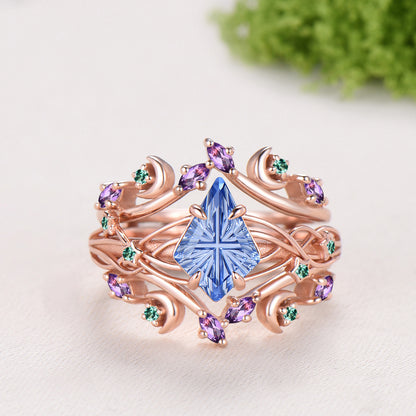 Kite Shaped Fantasy Cut Cornflower Blue Sapphire Twisted Ring Set Amethyst Emerald Enhancer Band
