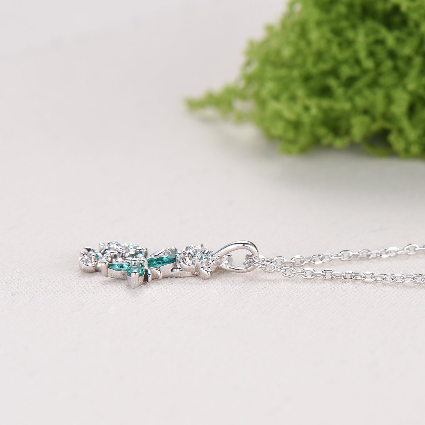 Emerald Green Crystal Butterfly Necklace, Floral Branch Pendant - PENFINE