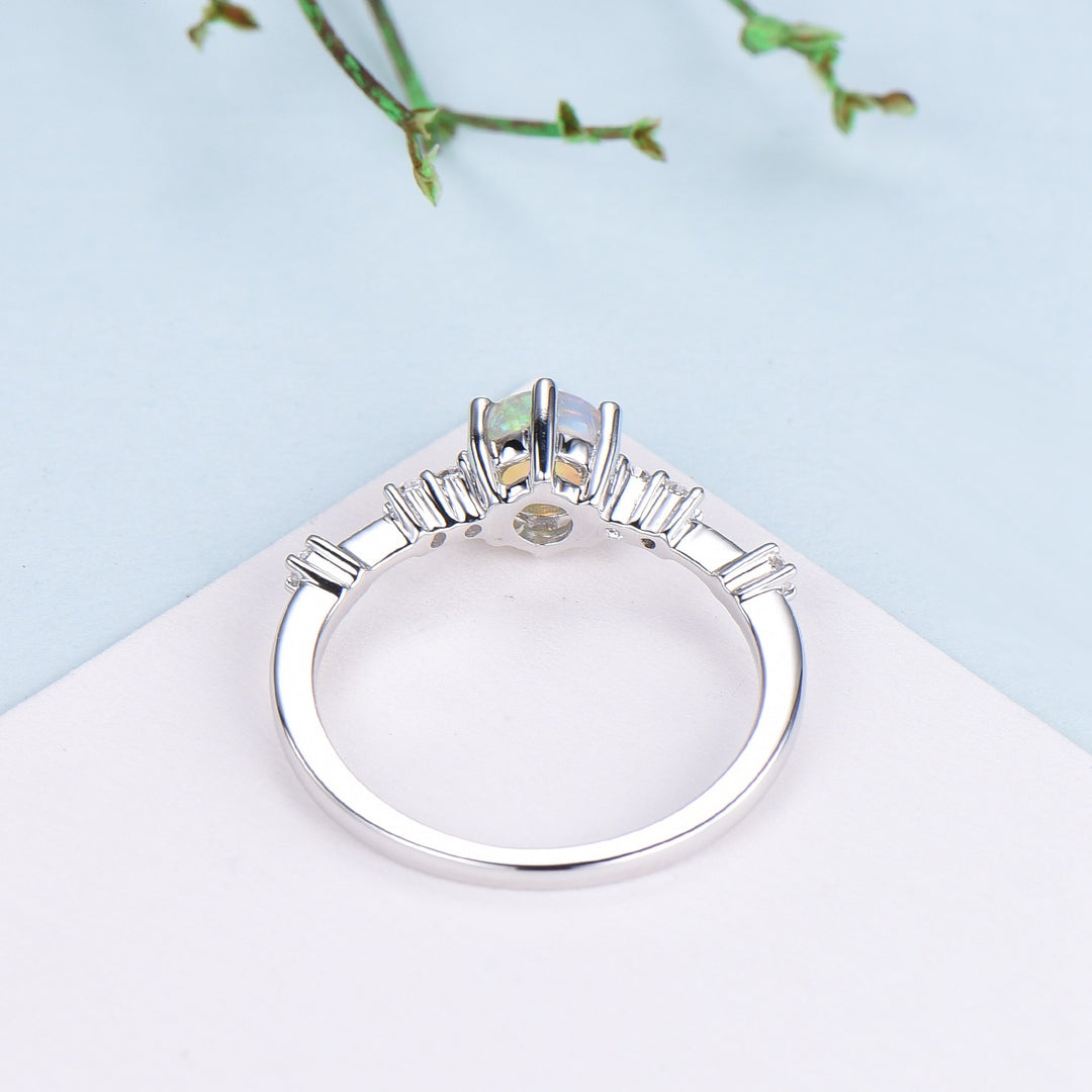 Dainty Natural Fire Opal Ring Natural Inspired White Opal Diamond Engagement Ring White Gold Minimalist Bridal Anniversary Ring for Women - PENFINE