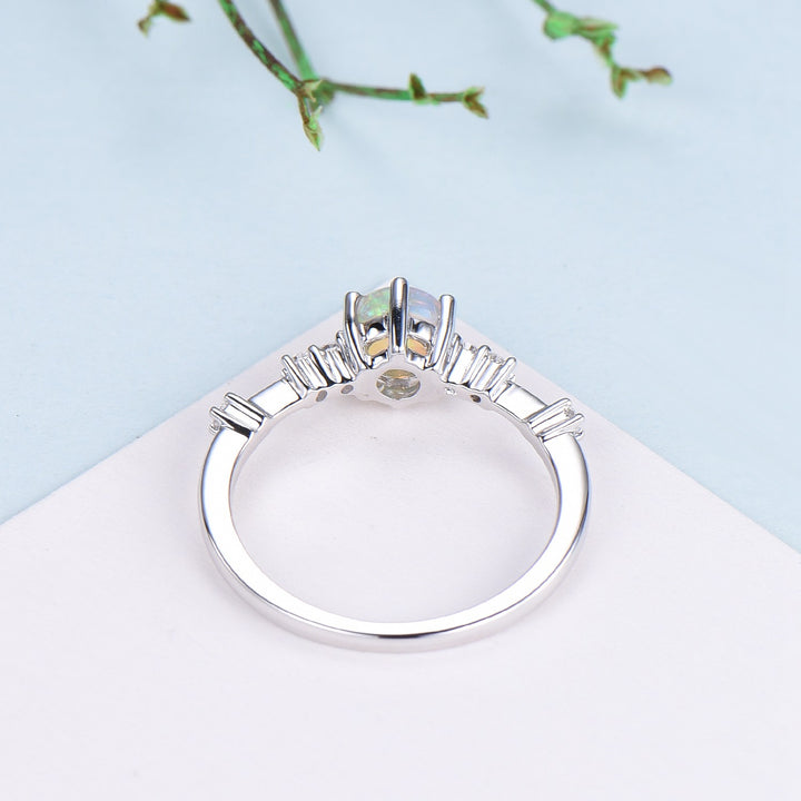 Dainty Natural Fire Opal Ring Natural Inspired White Opal Diamond Engagement Ring White Gold Minimalist Bridal Anniversary Ring for Women - PENFINE