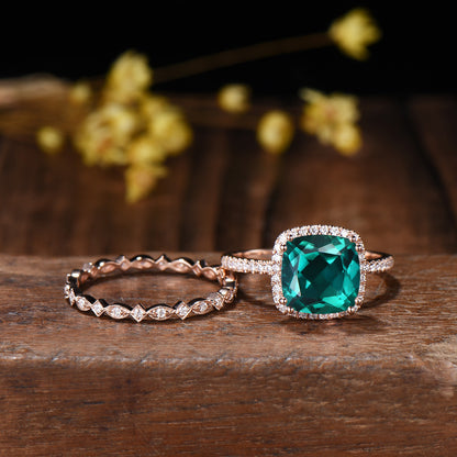 3ct Cushion Emerald Wedding Ring Set, May Birthstone Engagement Ring,Rose Gold Halo Diamond Bridal Set, Art Deco Full Eternity Milgrain Band