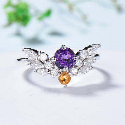 Vintage Amethyst Citrine Engagement Ring For Women Unique angel wing marquise moissanite wedding ring art deco dainty anniversary gift - PENFINE