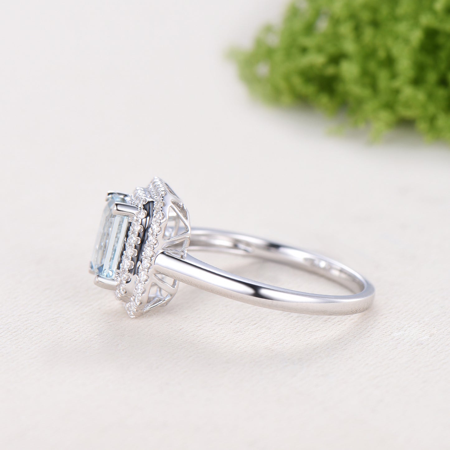 Double Halo Diamond Emerald Cut Aquamarine Bridal Ring Set, Plain Gold Wedding Band