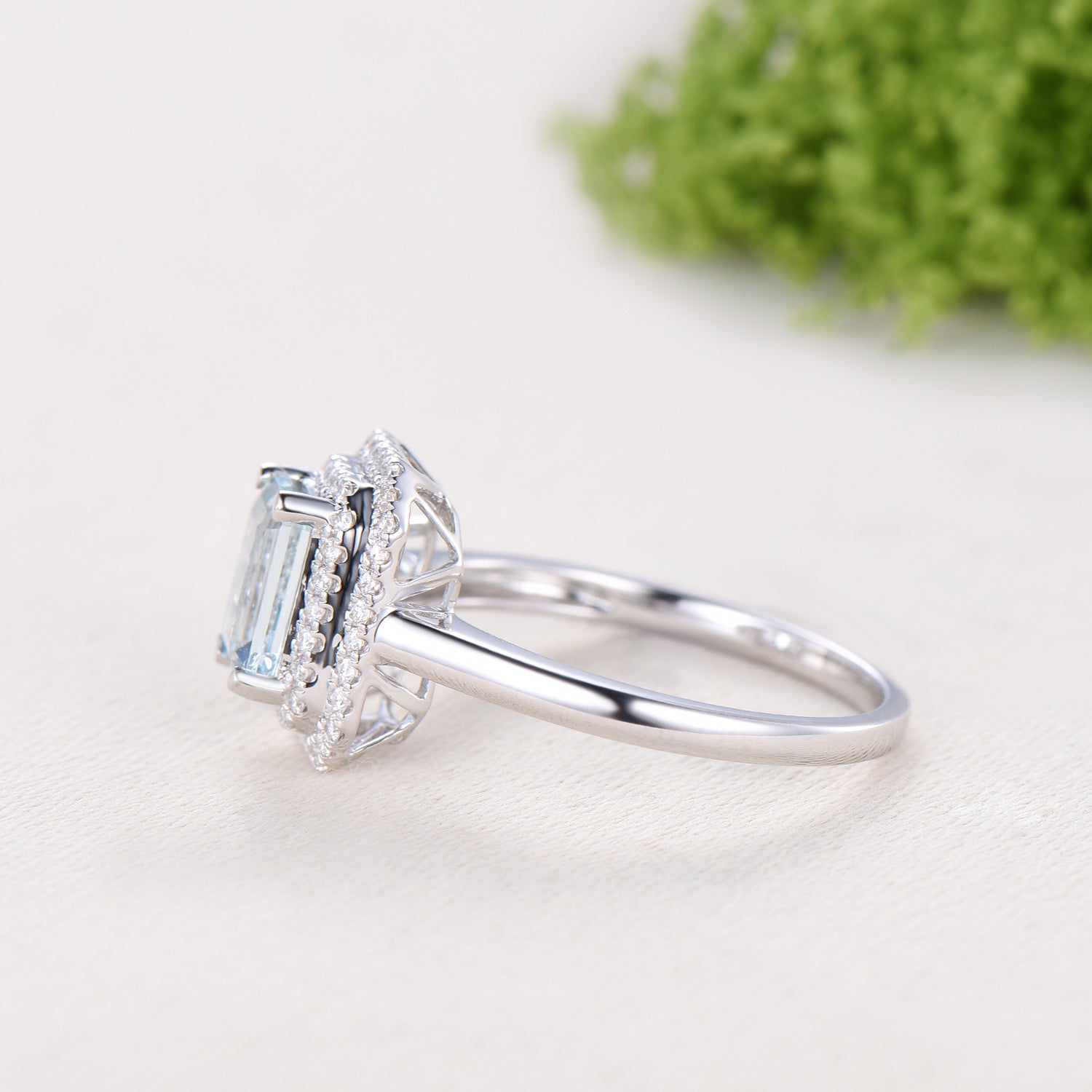 Double Halo Diamond Emerald Cut Aquamarine Bridal Ring Set, Plain Gold Wedding Band