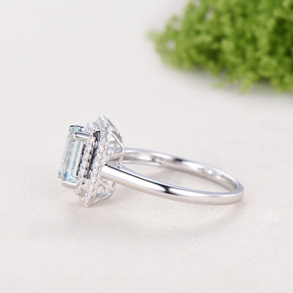 Double Halo Diamond Emerald Cut Aquamarine Bridal Ring Set, Plain Gold Wedding Band