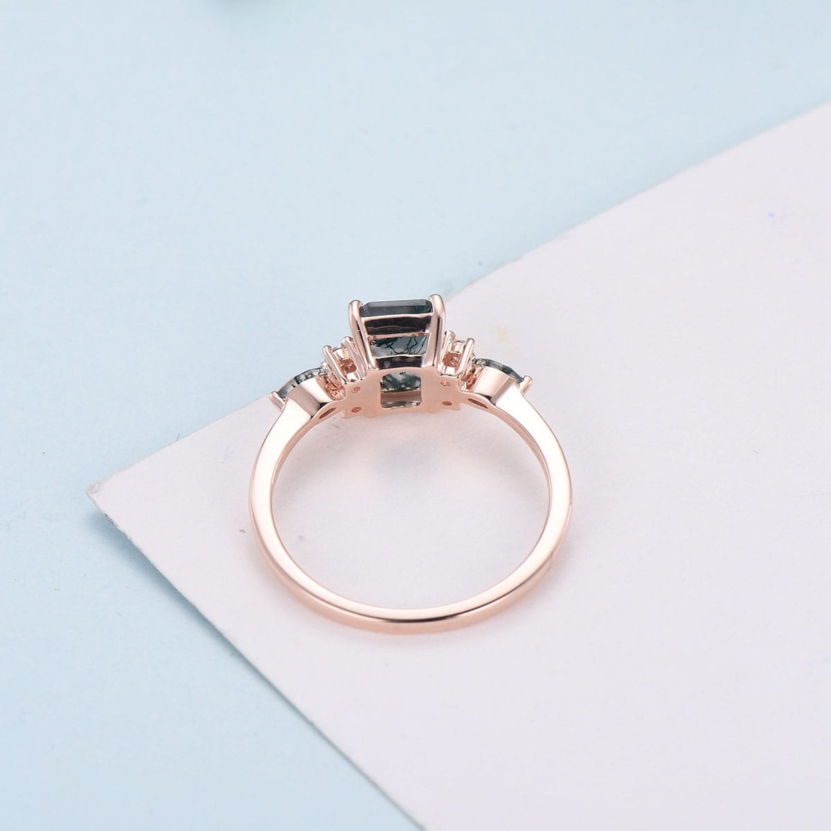 Vintage Emerald Cut Moss Agate Ring Rose Gold Art Deco 7 Stone Cluster Aquatic Agate Engagement Ring Marquise Moss Moissanite Wedding Ring - PENFINE