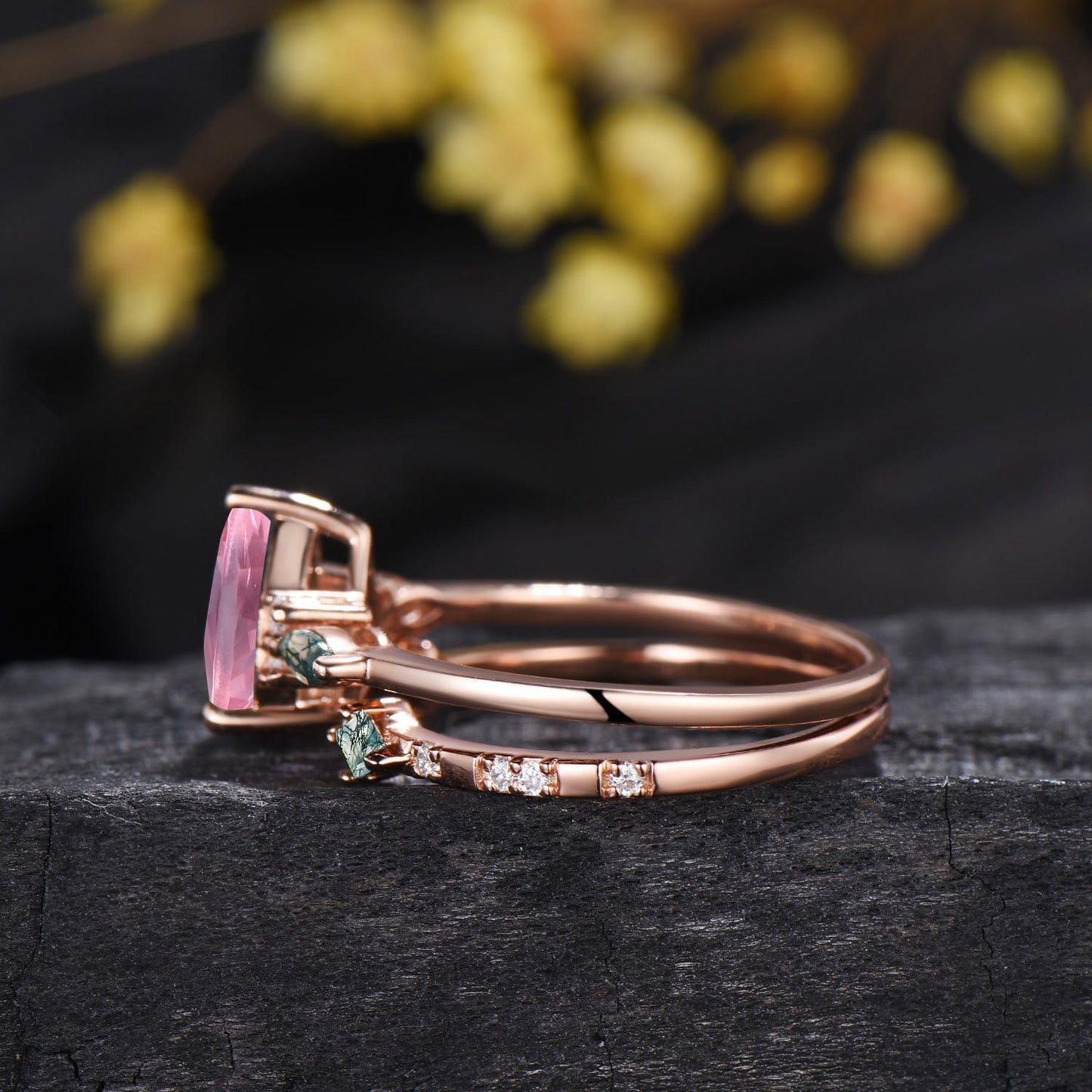 1.25 CT Pear Shaped Padparadscha Sapphire Engagement Ring Set, Cluster Kite & Marquise Moss Agate