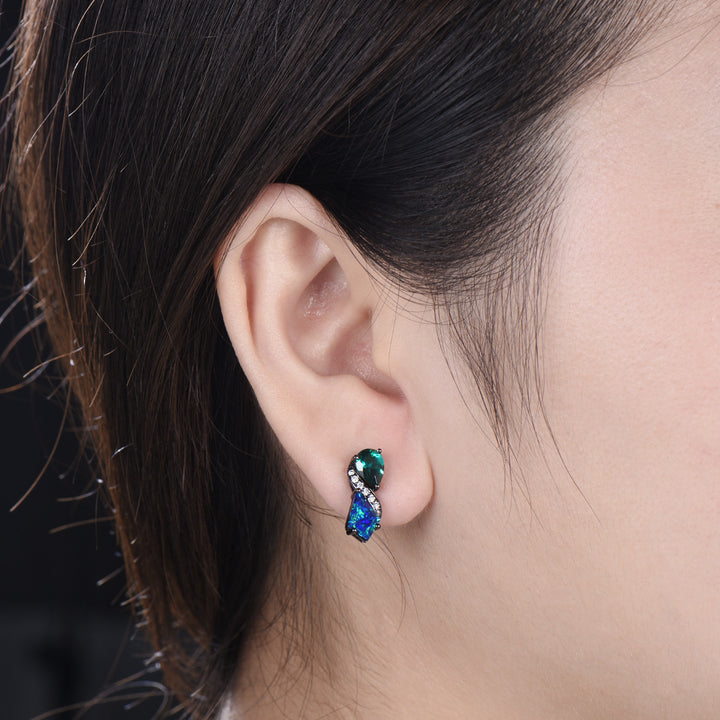 Gothic Black Gold Opal Emerald Stud Earrings, Vintage Art Deco Style Drop Earrings, Kite Black Fire Opal & Pearl Emerald Nature Inspired