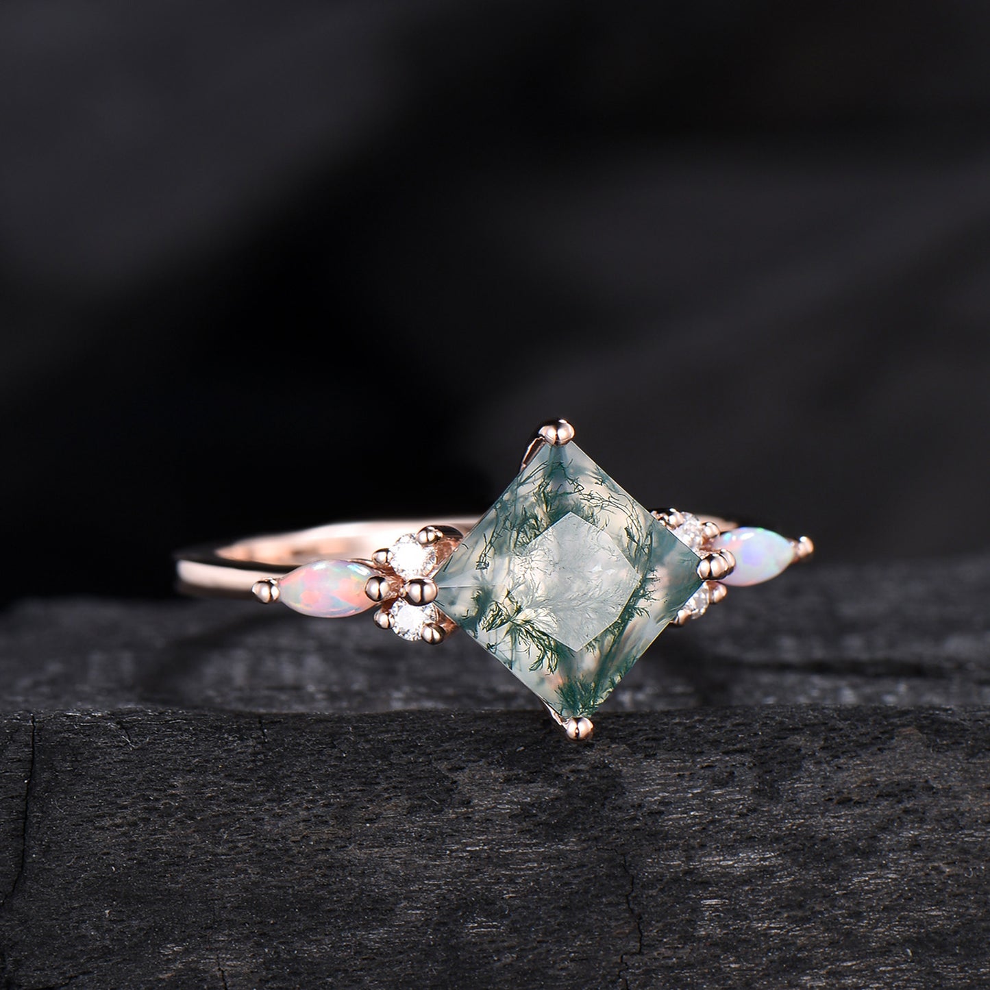 2CT Natural Princess Cut Moss Agate Engagement Ring: Moissanite & Marqusie Opal Accents