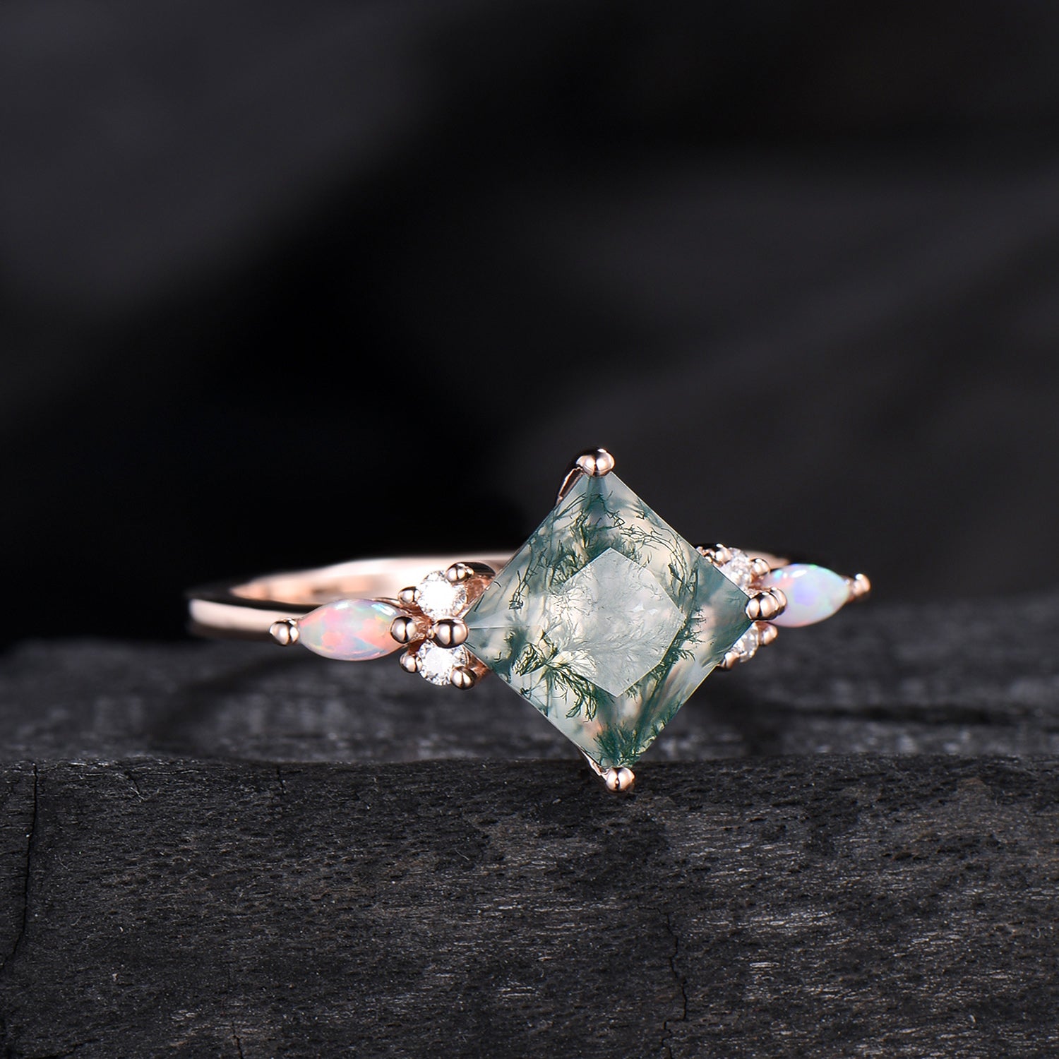 2CT Natural Princess Cut Moss Agate Engagement Ring: Moissanite & Marqusie Opal Accents