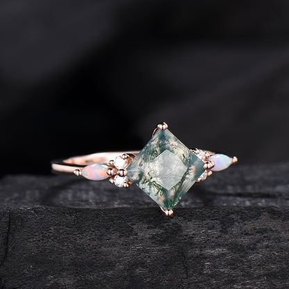 2CT Natural Princess Cut Moss Agate Engagement Ring: Moissanite & Marqusie Opal Accents