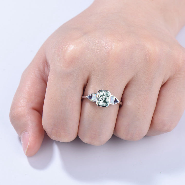 Bezel Set Emerald Cut Moss Agate Engagement Ring Five Stone Baguette Opal & Trillian Alexandrite Wedding Anniversary Ring - PENFINE