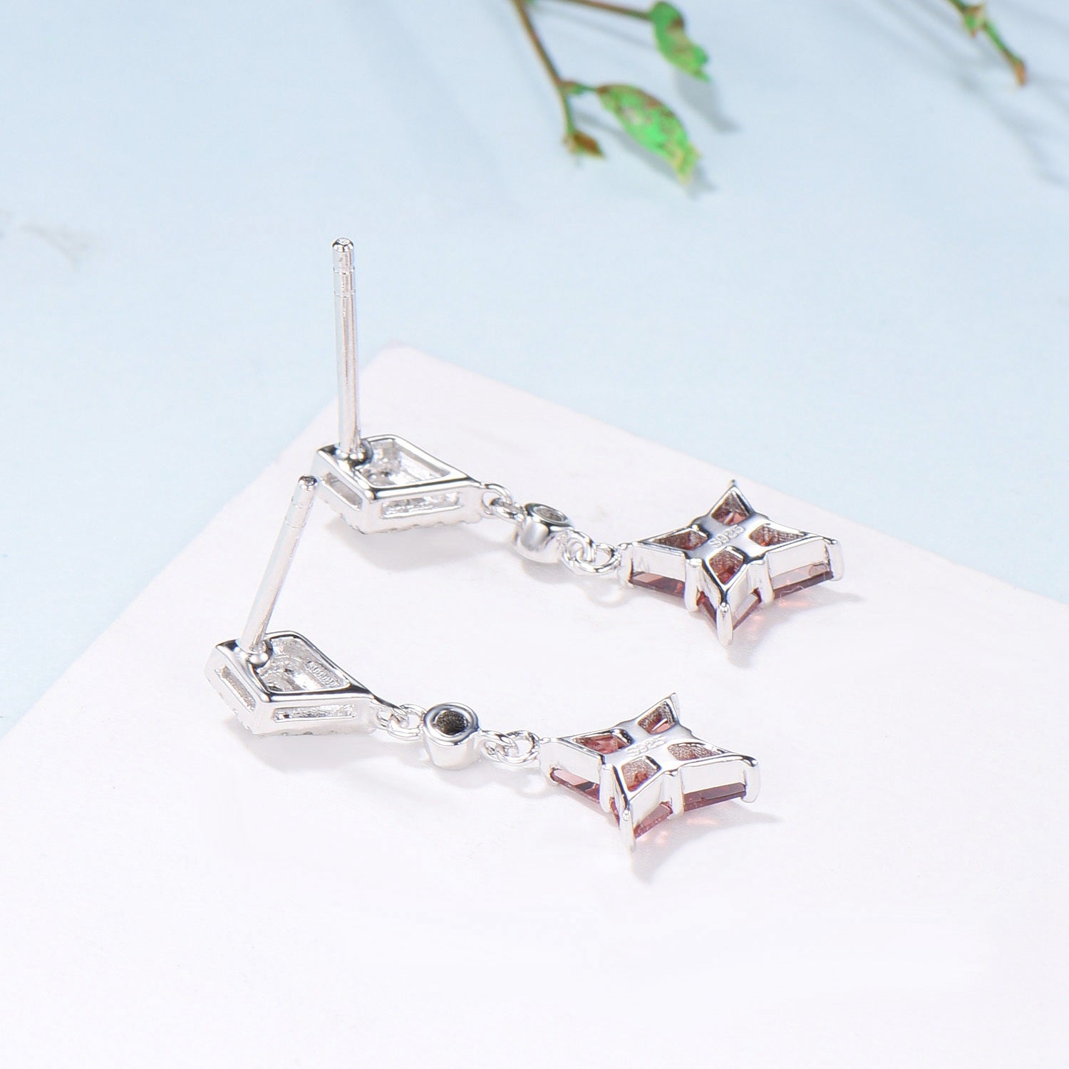 Kite Cut Natural Garnet Drop Earrings with Black Spinel & Moissanite Diamond - PENFINE