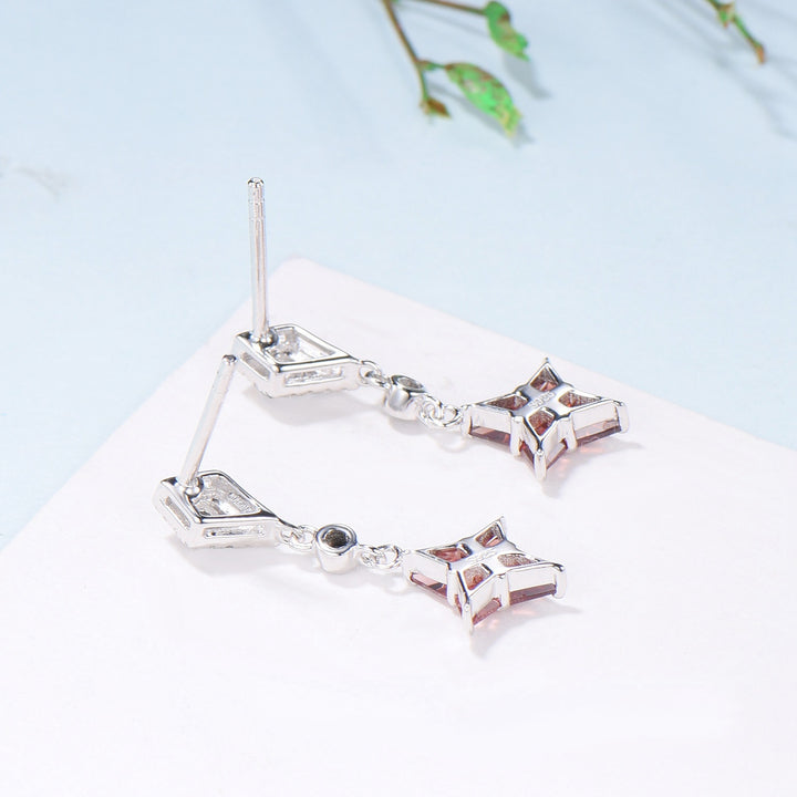 Kite Cut Natural Garnet Drop Earrings with Black Spinel & Moissanite Diamond - PENFINE