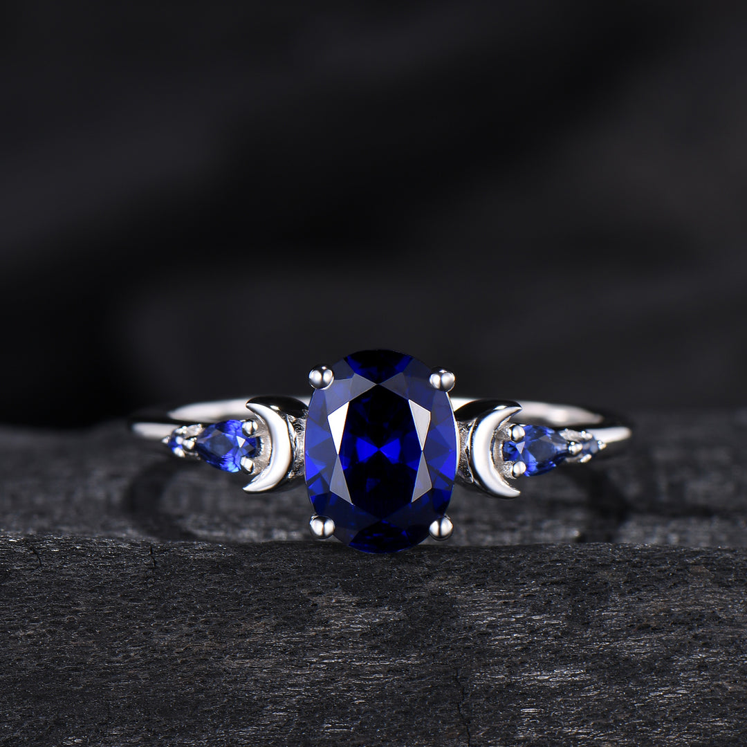 1.5 Carat oval blue sapphire engagement ring set vintage five stone moon engagement ring Elegant white gold pear sapphire wedding ring set - PENFINE